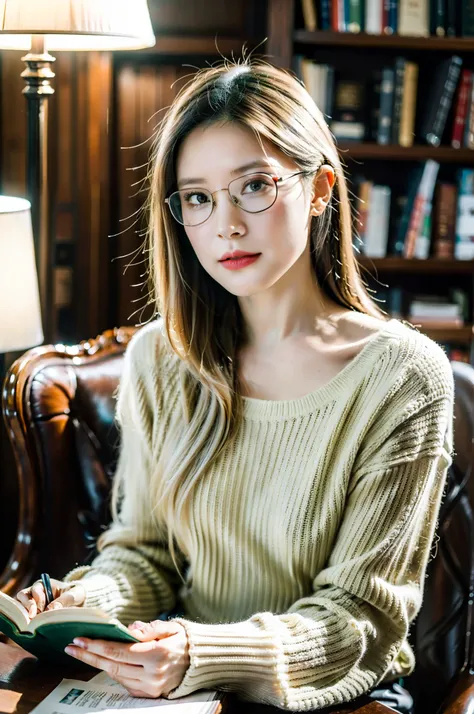 (best quality, ultra-detailed), a girl reading a textbook, beautiful detailed eyes, (green eyes:1.2), beautiful detailed lips, longeyelashes, studying, a quiet library, soft natural lighting, bookshelves filled with books, curled up on a cozy armchair, rea...