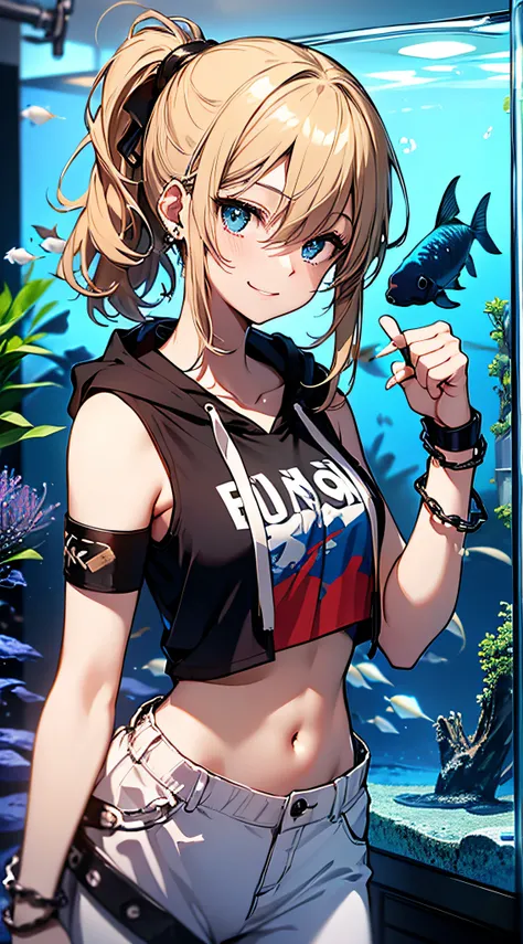 top-quality、Top image quality、​masterpiece、girl with((18year old、tatteredclothing、Black tank top、Black navel reveals short-sleeved hoodie、White pants、Best Bust、Bust 85、a blond、disheveled ponytail、Blue eyes、open chest wide、Happiness、Chain Accessories、Black ...