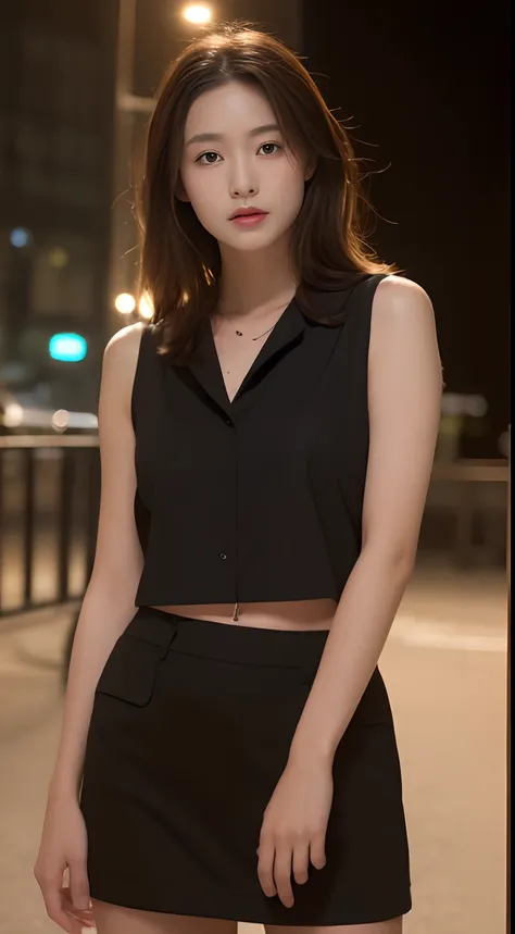 ((the night, 逼真光线, best qualtiy, 8K, tmasterpiece:1.3)), A tall and beautiful woman，Slender abs，Dark brown hair in loose wavy styling，nedium breasts，Wear a pendant，white button-down blouse，obi strip，a black skirt，（Modern architecture in background），Beautif...