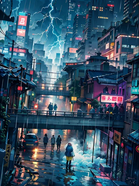 1boy,a 13 yo boy、Wet body、Cyberpunk Boy、The beginning of the adventure、(drenching:2)、(Lightning:1.5)、Lots of clouds,heavy fog、Fog,Chaotic city of the future、Movie dystopia、A group of very tall skyscrapers stands in the center、Very complex cityscape,Crowded...