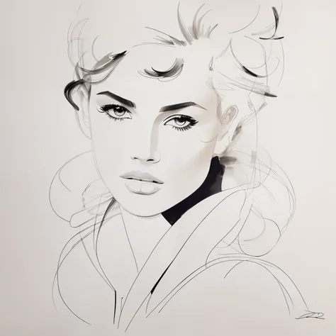 David downton fashion illustration, mustafa soydan drawing, line art sketch on a white background, beautiful woman face portrait, slim figure, jacket, natural color