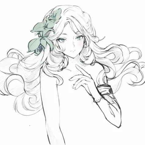 a drawing of a woman with long hair and a flower in her hair, ， Kamagurka, beautiful line art, elf girl wearing an flower suit, clean color，delicated face