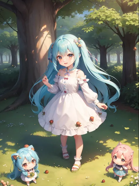 Chibichara　Picking chestnuts in a chestnut grove　long hair with blue hair((Chibi Chara))、A charming smile、Fluffy、girl with、Chibi Chara、Friends of the Forest、full body Esbian、Pastel colors hair、masutepiece、top-quality、