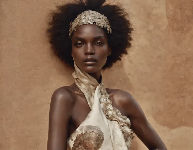 Create an evocative Paolo Roversi-style fashion photography masterpiece reminiscent of paparazzi shots. Capture a striking Sudanese model draped in exquisite Givenchy haute couture amidst the gritty, sun-soaked streets of Khartoum. Utilize semi-arid hues t...