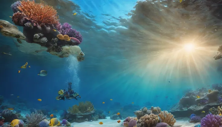 Arte conceitual da vida marinha, Paisagem submarina, Vida marinha，Beautiful coral reefs come in different forms, ..3d，, peixe, Illustration of female animated fantasy. Longos cabelos brancos espalhados no mar, deriva, Muito harmonioso. Toda a pintura adota...