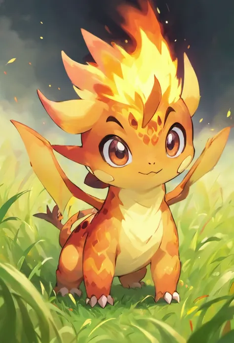 a small cute fire dragon with big eyes, in a grassland