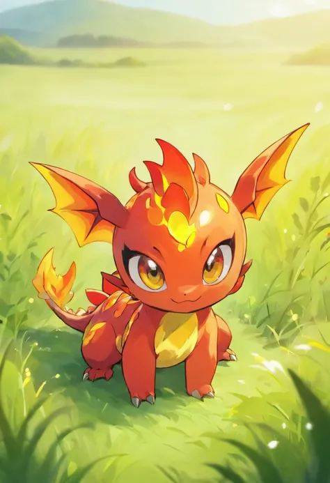 a small cute fire dragon with big eyes, in a grassland