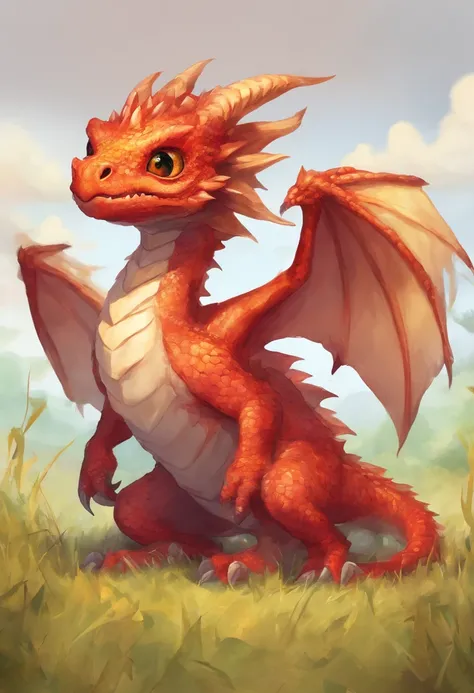 a small cute fire dragon with big eyes, in a grassland