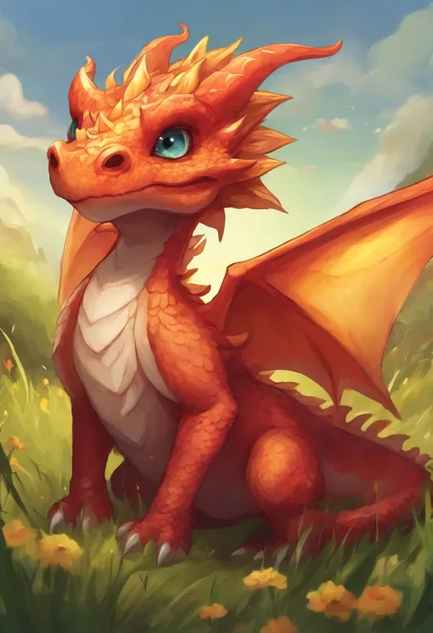 a small cute fire dragon with big eyes, in a grassland