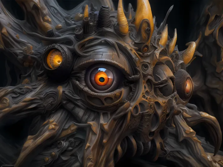 a picture of a dark beholder in a dark cave (best details, Masterpiece, best quality :1.5),  an epic evil beholder (best details, Masterpiece, best quality :1.5) extremely detailed beholder, 7 different eyes in dynamic colors, one central big yellow eye, d...