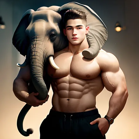 A young bodybuilder holding an elephant