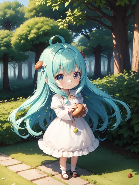 Chibichara　Picking chestnuts in a chestnut grove　Mushroom garn　long hair with blue hair((Chibi Chara))、A charming smile、Fluffy、girl with、Chibi Chara、Friends from the forest are with you　full body Esbian、Pastel colors hair、masutepiece、top-quality、