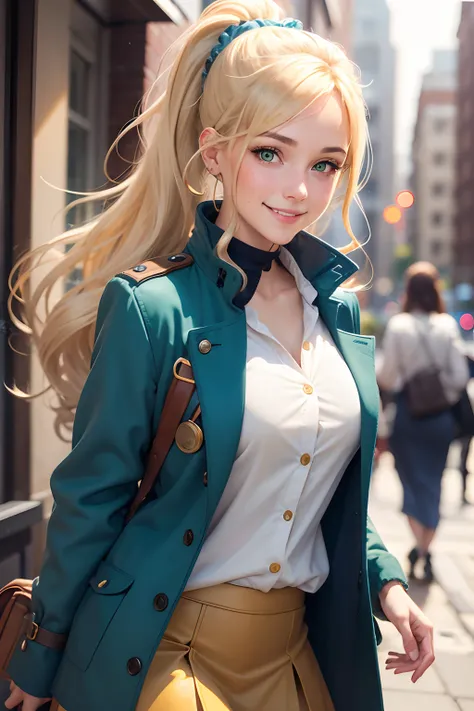 Boston woman, mid 20s, smiling, green eyes, white button up shirt, blue woolen jacket, golden hair, brown skirt, hair locked in a ponytail, scrunchie visible