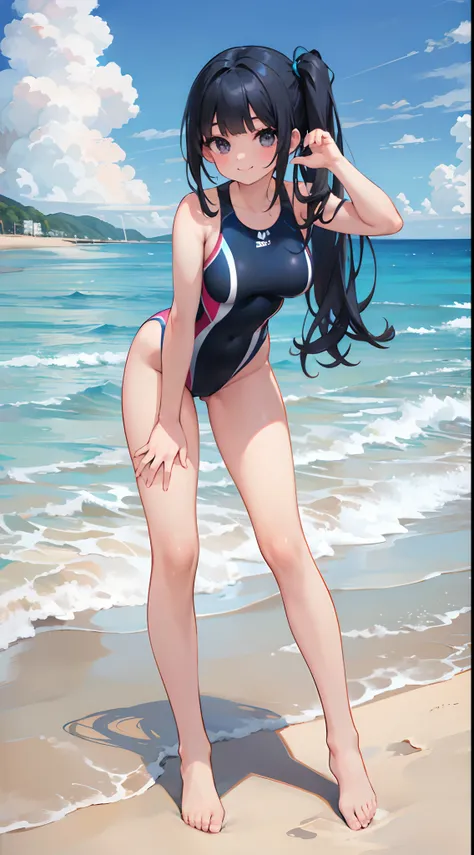 masterpiece, high quality, ultra detailed, 1 girl, solo, sea background, at beach, blue sky, competition swimsuit, black hair, long hair, curly hair, side ponytail, blunt bangs, black eyes, long eyelashes, big smile, full body, long slim legs, medium breas...