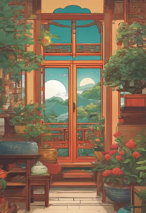 The beauty of China in the Song Dynasty，desks，catss，Computer，big window，lots of plants，There is a moon at night