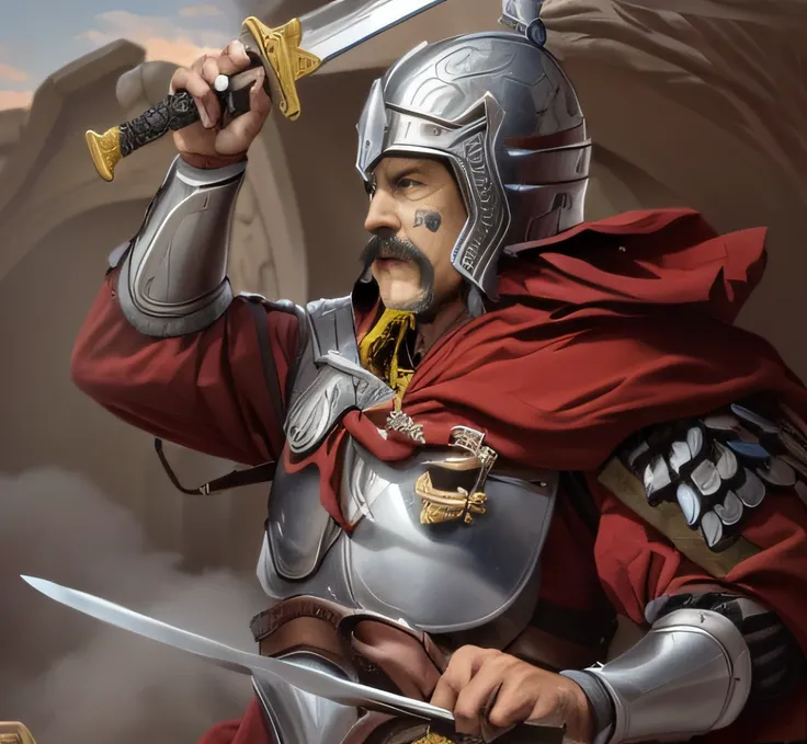 Mustache man in armor with a sword