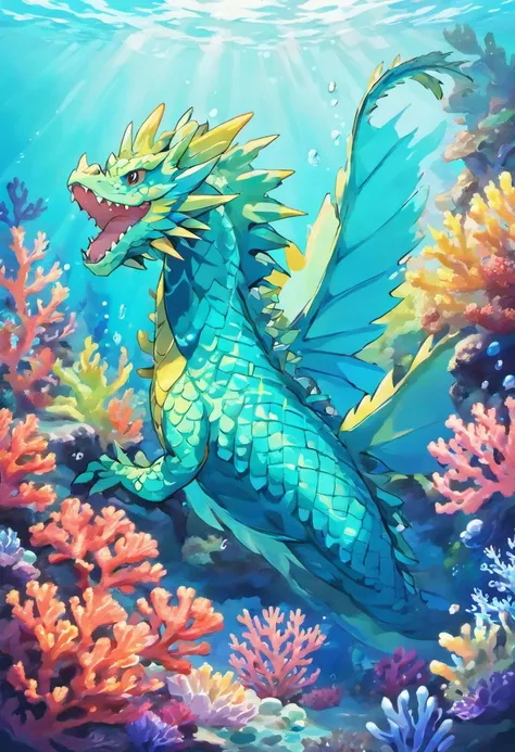 a big water dragon underwater, majestic colors, surrounded by corals