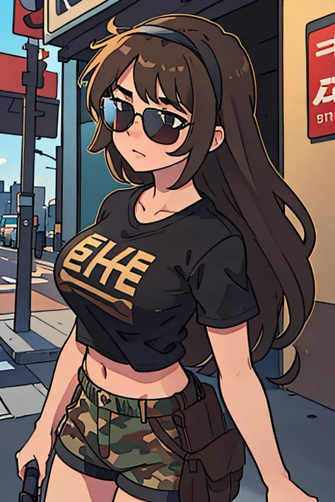 1girl,brown hair,plain black shirt,camo shorts, sunglasses on head,city,ultra HD, 8k,big boobs,