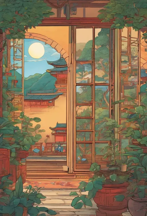 The beauty of China in the Song Dynasty，desks，catss，Computer，big window，lots of plants，There is a moon at night