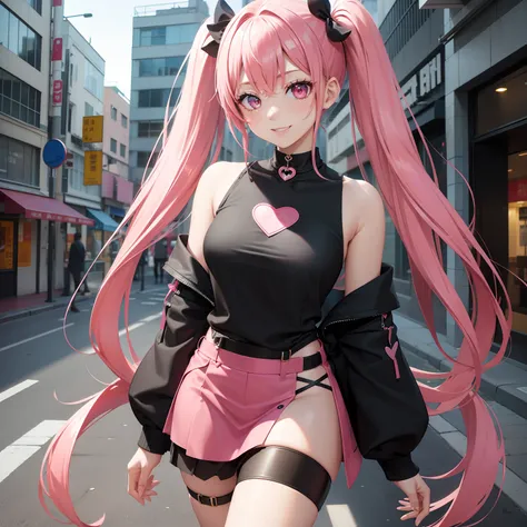 full body Esbian, masutepiece: 1.2, Highest Quality), (Live-action, elaborate details), (1 Lady, Solo, Upper body,) Clothing: Edgy, Black long jumper, pink miniskirt, long hair with pink twin tails,,,,,,,,、Avant-garde, Experimental appearance: Long pink tw...