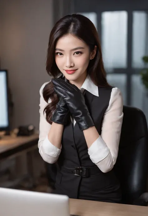 Wearing black leather gloves in both hands, upper body, black business suit, facing the desk in my room with a computer in the dark, looking down and smiling, operating the computer with the fingertips of black leather gloves, black hair bundled at the bac...