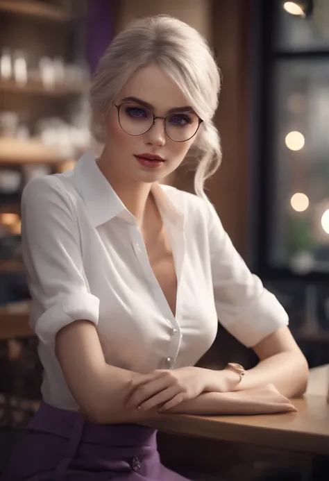 At best....., high-detail, master-piece, ultra-detail, (Realistic:1.2), 1girls, ( Cafe Background),, delicate eyes, silver-haired, purple eyes, Hair ornaments, (Clear Buttons White Tight Office Shirt:1.3),Hair length, light_ear, diadem_braid, expressionles...