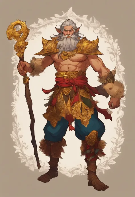 (master part, melhores detalhes), mytical creature, Dom Wukong, cabelos dourados, use golden circle, wear traditional clothing armor, segurando o cajado apoiado em seu ombro