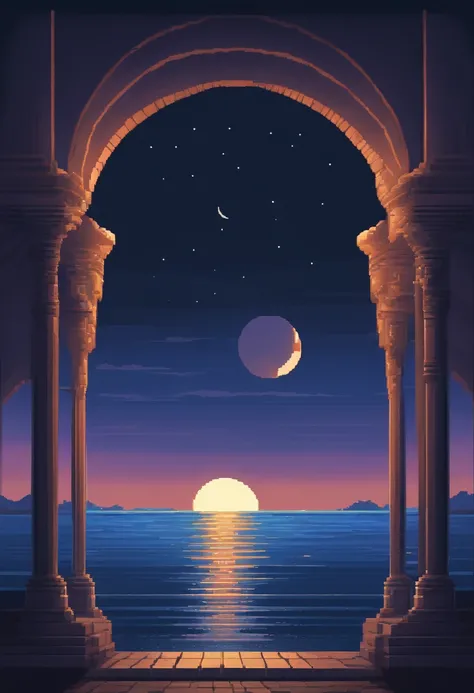 Pixel art of giant moon rising on calm sea, beautiful detailed pixel art, detailed pixel art, lo-fi retro videogame, concept pixelart, detailed pixel artwork, Pixel art style, pixel town, pixel art animation, high quality pixel art, Dolphins jump off the s...