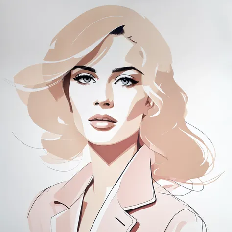 David downton fashion illustration, mustafa soydan drawing, line art sketch on a white background, beautiful woman face portrait, slim figure, jacket, natural color, gentle beige, blue, pink color