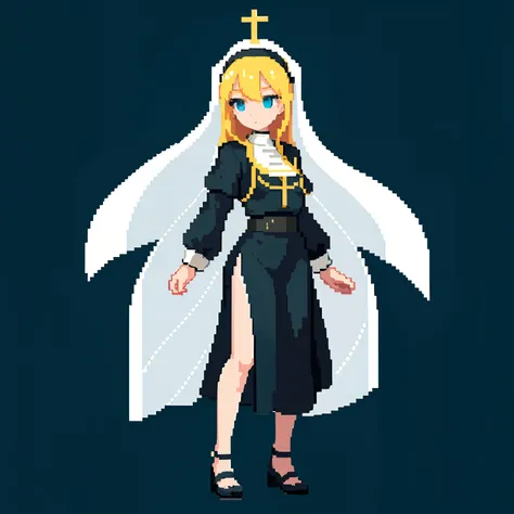 masterpiece, top quality, best quality), pixel,pixel art, 1 girl, praying nun, religious, fullbody, no background, long hair, blonde, balance of justice,