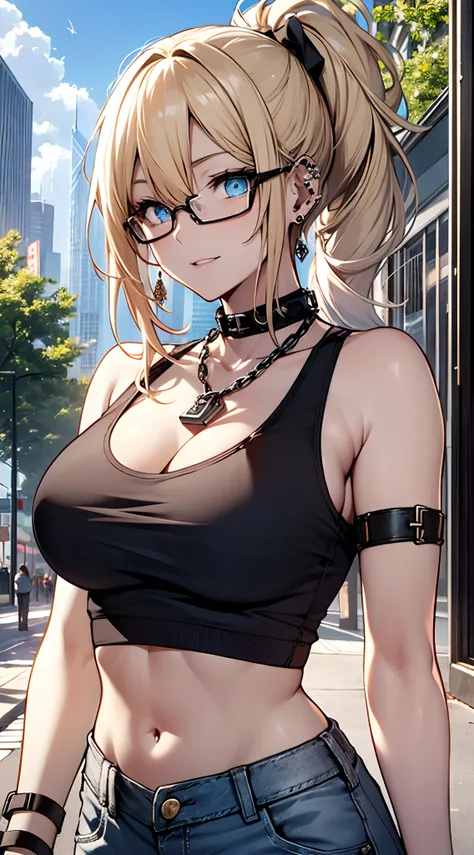 top-quality、Top image quality、​masterpiece、girl with((18year old、tatteredclothing、Black Navel Tank Top、White pants、Best Bust、Bust 85、a blond、disheveled ponytail、Blue eyes、open chest wide、Happiness、Chain Accessories、Black wristband on wrist、eye glass、Ear-pi...