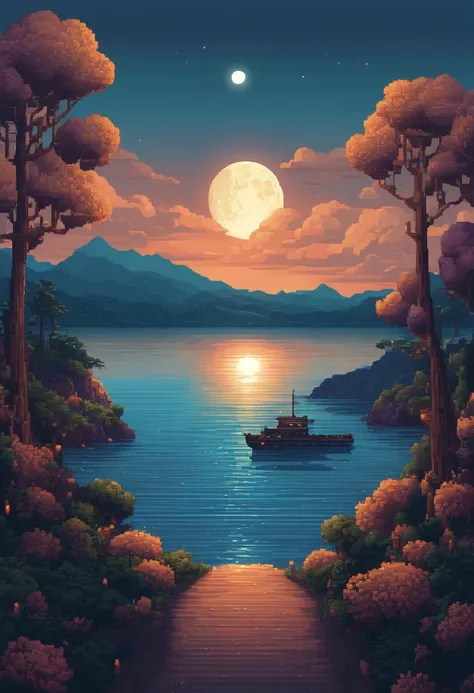 Pixel art of giant moon rising on calm sea, beautiful detailed pixel art, detailed pixel art, lo-fi retro videogame, concept pixelart, detailed pixel artwork, Pixel art style, pixel town, pixel art animation, high quality pixel art, Dolphins jump off the s...