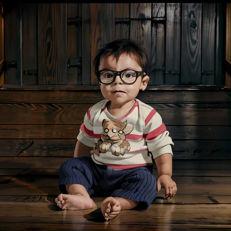 "a studio ghibli-style illustration of a 1-year-old baby boy wearing glasses, dressed in a striped knit sweater with a bear desi...