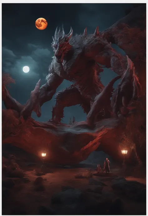 Strange monsters in fantasy worlds，Blood，Moon Night，中景 the scene is，Full body like， highly detailed surreal vfx，oc rendered，Shot with 70 mm - AR 16:9 --q 2 --s 1000