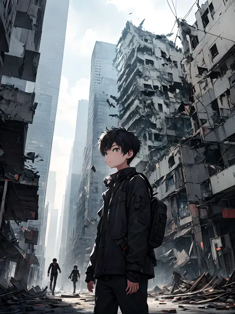 1 close-up of a boy, the upper part of the body, destroyed city、abandoned skyscrapers
with a brave look、boy guiding you to your ...