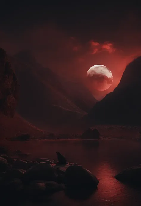 Strange monsters in fantasy worlds，Blood，Moon Night，中景 the scene is，Full body like， highly detailed surreal vfx，oc rendered，Shot with 70 mm - AR 16:9 --q 2 --s 1000