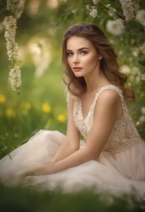 A girl in a garden,beautiful detailed eyes,beautiful detailed lips,extremely detailed eyes and face,long eyelashes,medium:oil painting,ultra-detailed,realistic:1.37,highres,studio lighting,professional,vivid colors,bokeh,soft sunlight,floral backdrop,green...