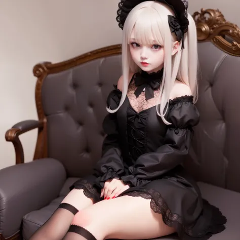 barroco, Gothic lolita, Cute, 1girl in, Solo, Full body, Black sofa, Black Dress, absurderes, White lace, hight resolution, ultra-detailliert, highest details, Red lips