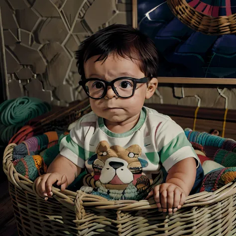 "a studio ghibli-style illustration of a 1-year-old baby boy wearing glasses, dressed in a striped knit sweater with a bear desi...