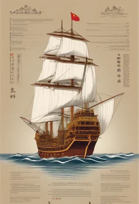 Zheng He treasure ship，Hull deconstruction and reorganization，Chinese pattern，Cutting the hull，constitute，Graphic illustration，Constructivism，abstracted，lichen，Simplified，Treasure ship cutting transformation,Vibrant colors,High contrast,Huge amounts of pub...