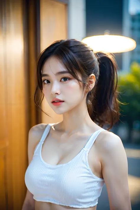 Sad theme , (best quality, masterpiece:1.2), 18yo beautiful  girl walking in the city, ((white tank top and Jeans)),large breasts , shoot the Sony a7,3.5 mm Lens, f 1.8 apature, lighting glow effect,no retouching,raw photo realistic, skin texture is very d...