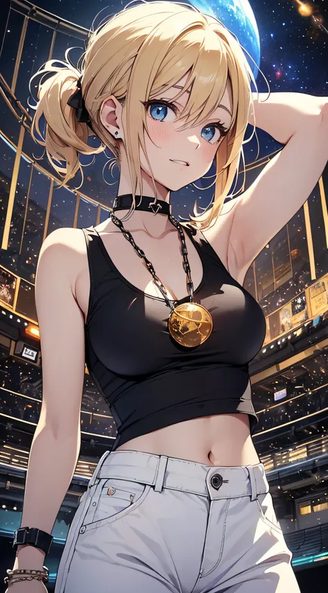 top-quality、Top image quality、​masterpiece、girl with((18year old、tatteredclothing、Black Navel Tank Top、White pants、Best Bust、Bust 85、a blond、disheveled ponytail、Blue eyes、open chest wide、Happiness、Chain Accessories、Black wristband on wrist、Get on top of yo...