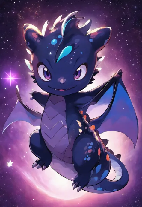 a baby black dragon with stary body, space background