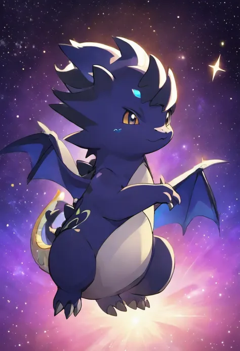 a baby black dragon with stary body, space background