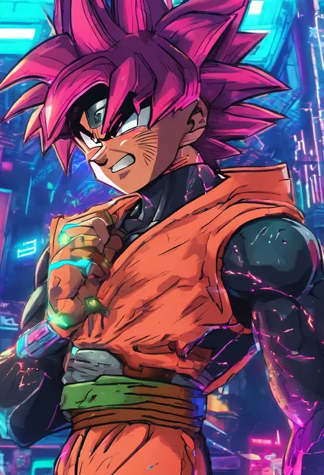 (best quality,highres,masterpiece:1.2),ultra-detailed,(realistic,photorealistic,photo-realistic:1.37),Son Goku,cyberpunk outfit,amazing shadows,perfect face,perfect hands,detailed clothing,impressive lighting,high-quality rendering,anime style,vivid colors