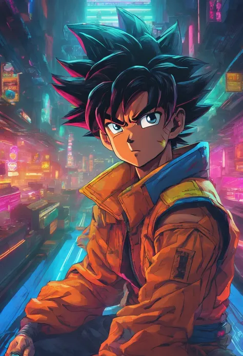 (best quality,highres,masterpiece:1.2),ultra-detailed,(realistic,photorealistic,photo-realistic:1.37),Son Goku,cyberpunk outfit,amazing shadows,perfect face,perfect hands,detailed clothing,impressive lighting,high-quality rendering,anime style,vivid colors