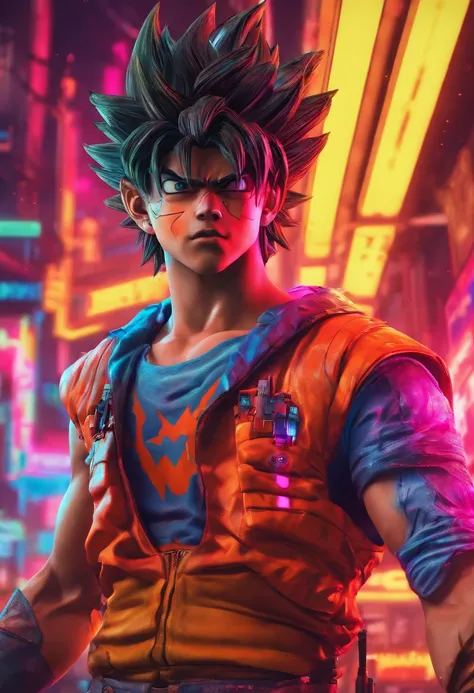 (best quality,highres,masterpiece:1.2),ultra-detailed,(realistic,photorealistic,photo-realistic:1.37),Son Goku,cyberpunk outfit,amazing shadows,perfect face,perfect hands,detailed clothing,impressive lighting,high-quality rendering,anime style,vivid colors