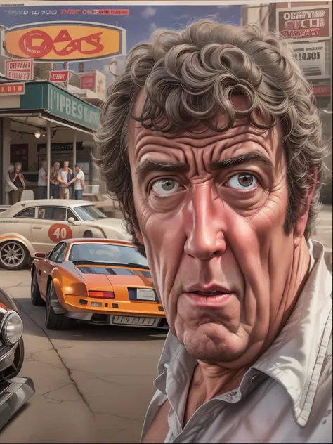 A photo realistic Jeremy Clarkson. masterpiece professional hyper realistic artwork of Don Lawrence, detailed face, insanely detailed and intricate, volumetric lighting, professional color grading by Kenneth Hines Jr.,  outdoors at the start lane. 80s Euro...