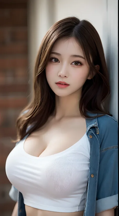 Masterpiece, Best quality, illustration, Ultra-detailed, finedetail, A high resolution, 8K wallpaper, Perfect dynamic composition, Beautiful detailed eyes,  Natural lips, White T-Shirts , denim short , Big breasts, cleavage, full bodyesbian, navel baring