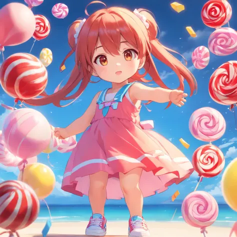 cute, chibi, a little baby girl, light skin, golden eyes, red long hair, pink and blue pastel color party dress with candy designs, white sneakers, portrait, 3D rendering, high quality, ( plain background), (perfect hands), (full body), female, 8k